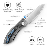 Rhino-W Frame Lock EDC Folding Pocket Knife, 3.2'' M390 Steel Blade, Carbon Fiber Titanium Handle