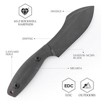 Pumpkin-BM Full-tang Straight Fixed Blade Knife, 3.9‘’14C28N Steel Stonewash Blade, Micarta Handle