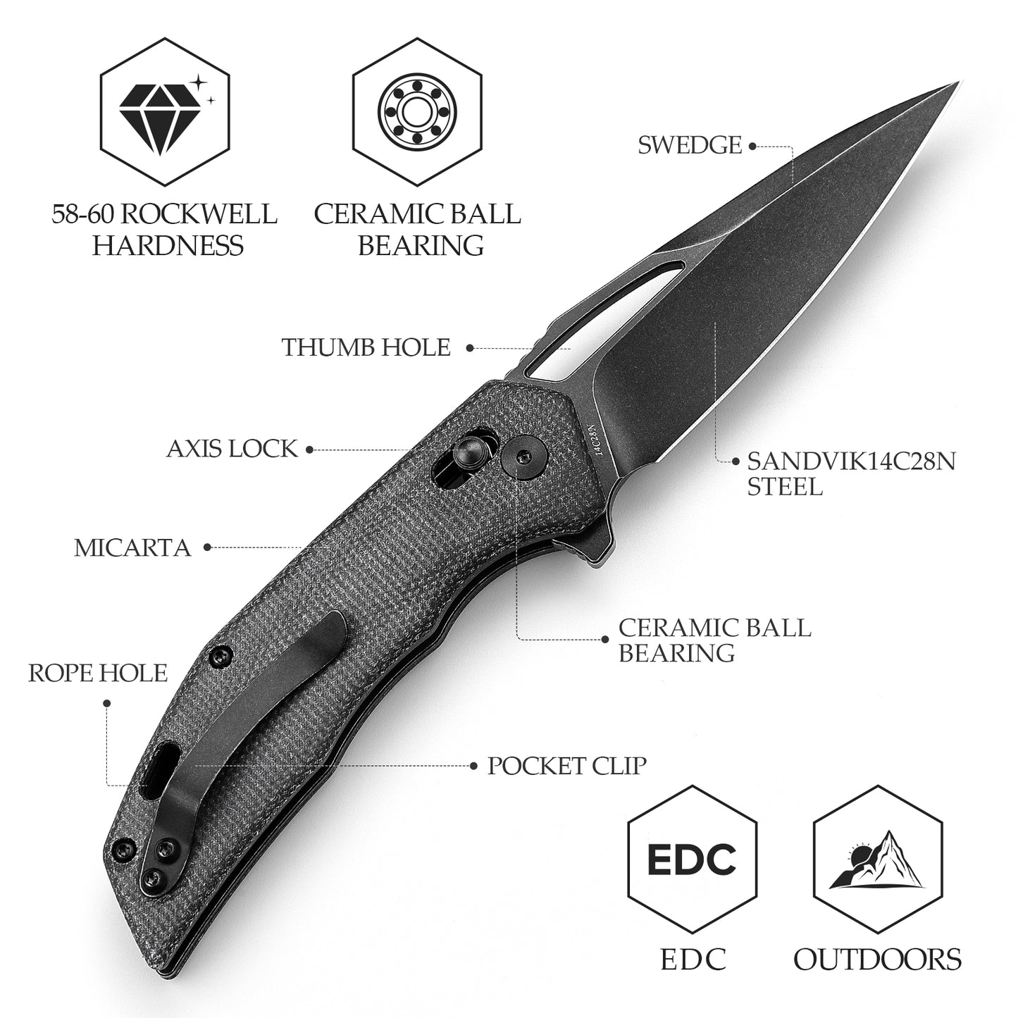 Vela-04B,Axis Lock Folding Pocket Knife,3.38" 14C28N Steel,Black Micarta Handle