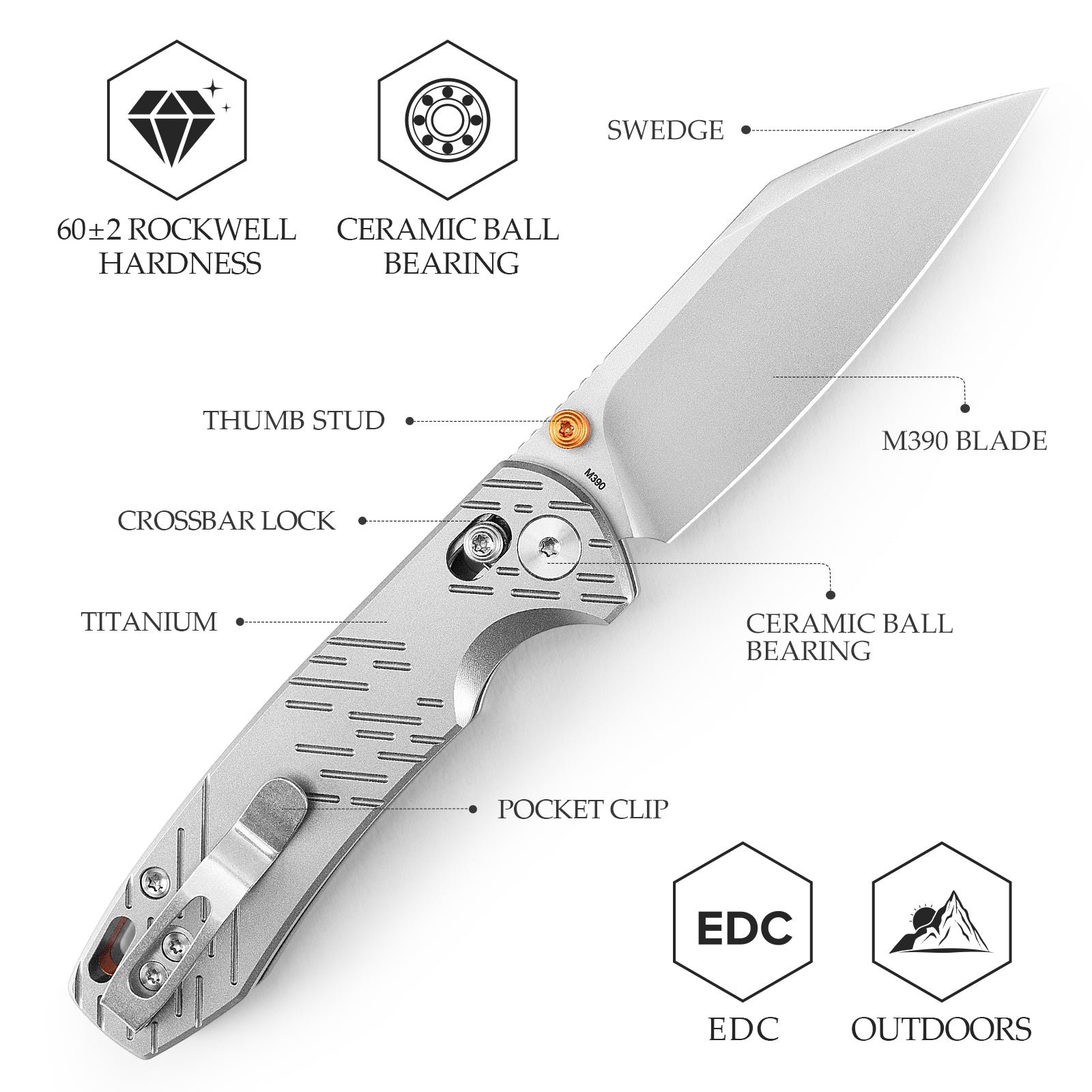 Firefly Ultra-S Crossbar Lock EDC Folding Pocket Knife,2.99" M390 Steel Blade,Titanium Handle