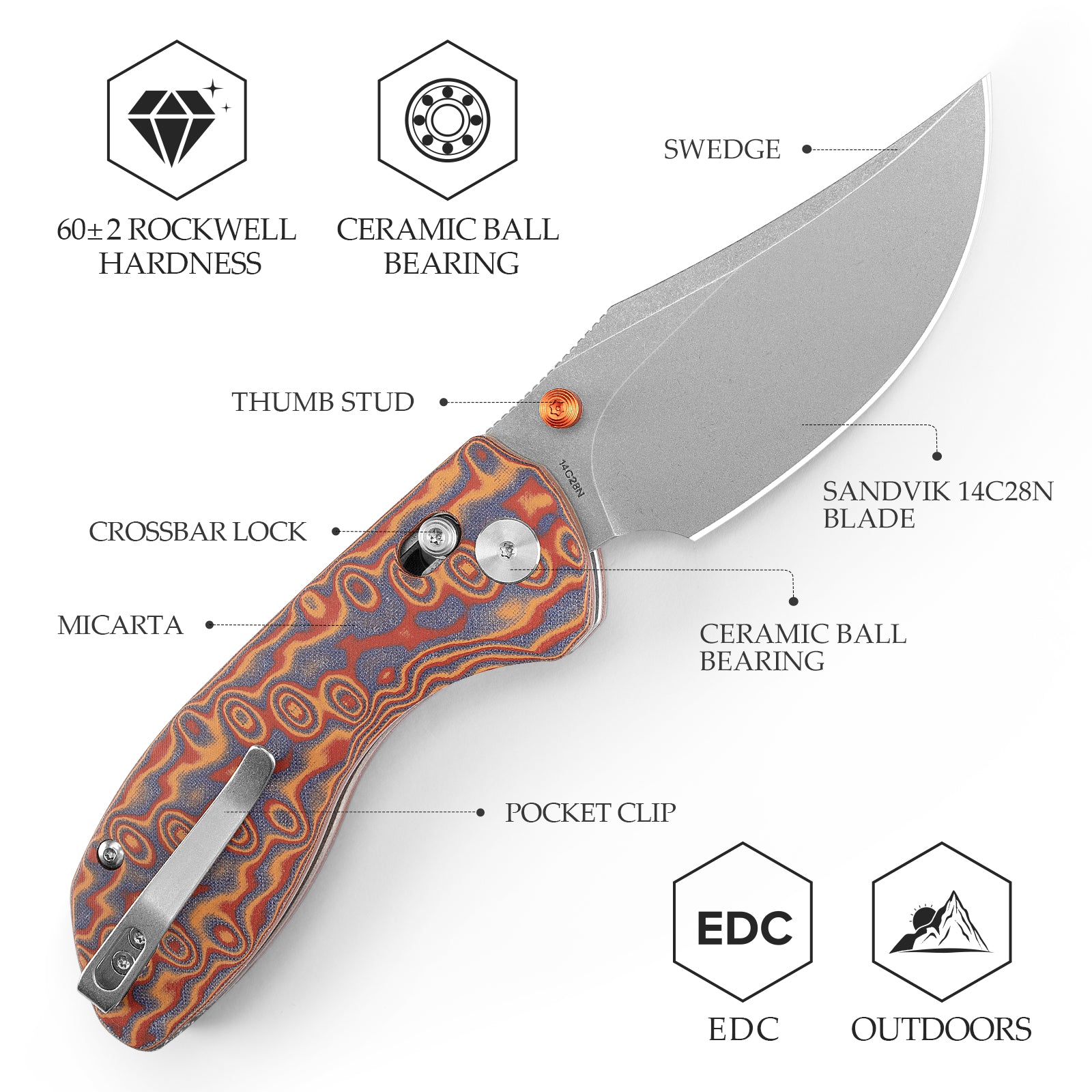 Hippo-RLYM Crossbar Lock EDC Folding Pocket Knife,3.4" 14C28N Steel Blade,Micarta Handle