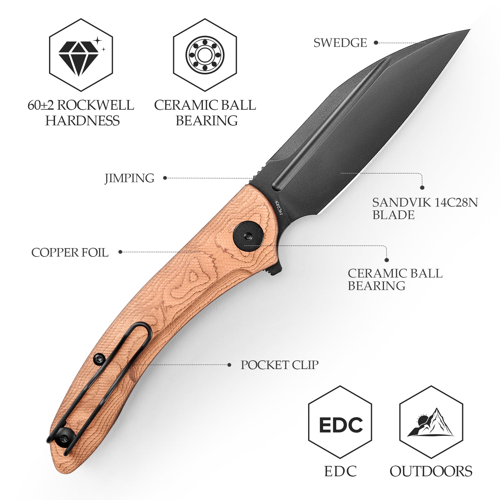 Cuckoo-CU Liner Lock EDC Folding Pocket Knife 3.37'' 14C28N Steel Blade,Copper Foil Handle