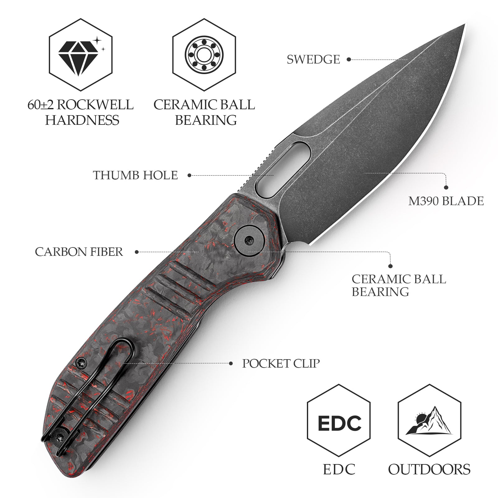 Gecko-RCB Liner Lock Folding Pocket Knife,3.4'' M390 Steel Blade,Ceramic Carbon Fiber Handle