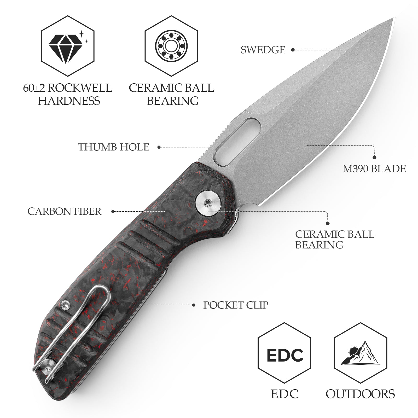 Gecko-RCS Liner Lock Folding Pocket Knife,3.4'' M390 Steel Blade,Ceramic Carbon Fiber Handle