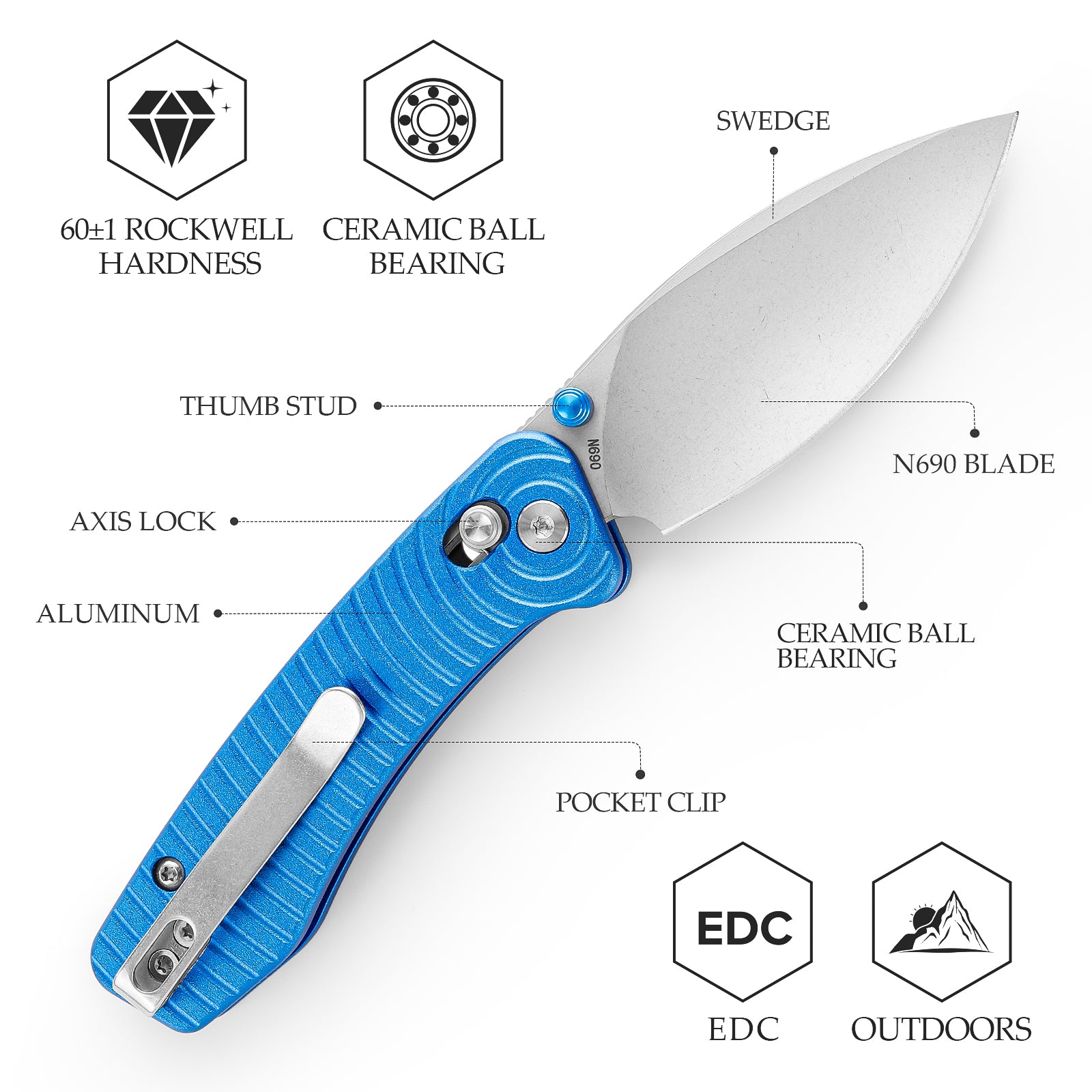 Koala-L Crossbar Lock EDC Folding Pocket Knife,2.56'' N690 Steel Blade,Aluminum Handle