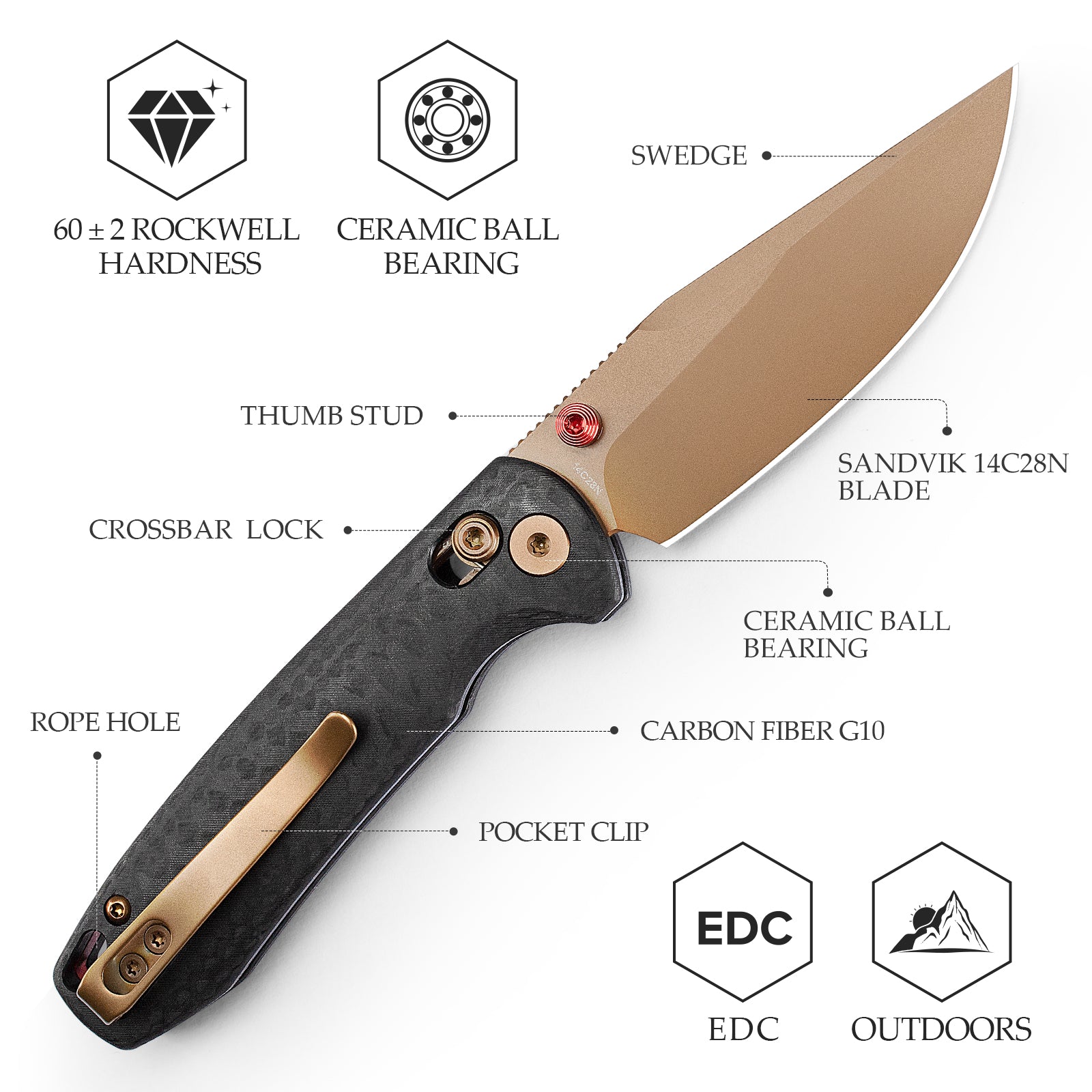 Butterfly-CG Crossbar Lock EDC Folding Pocket Knife,2.99'' 14C28N Steel Blade,Carbon Fiber G10 Handle