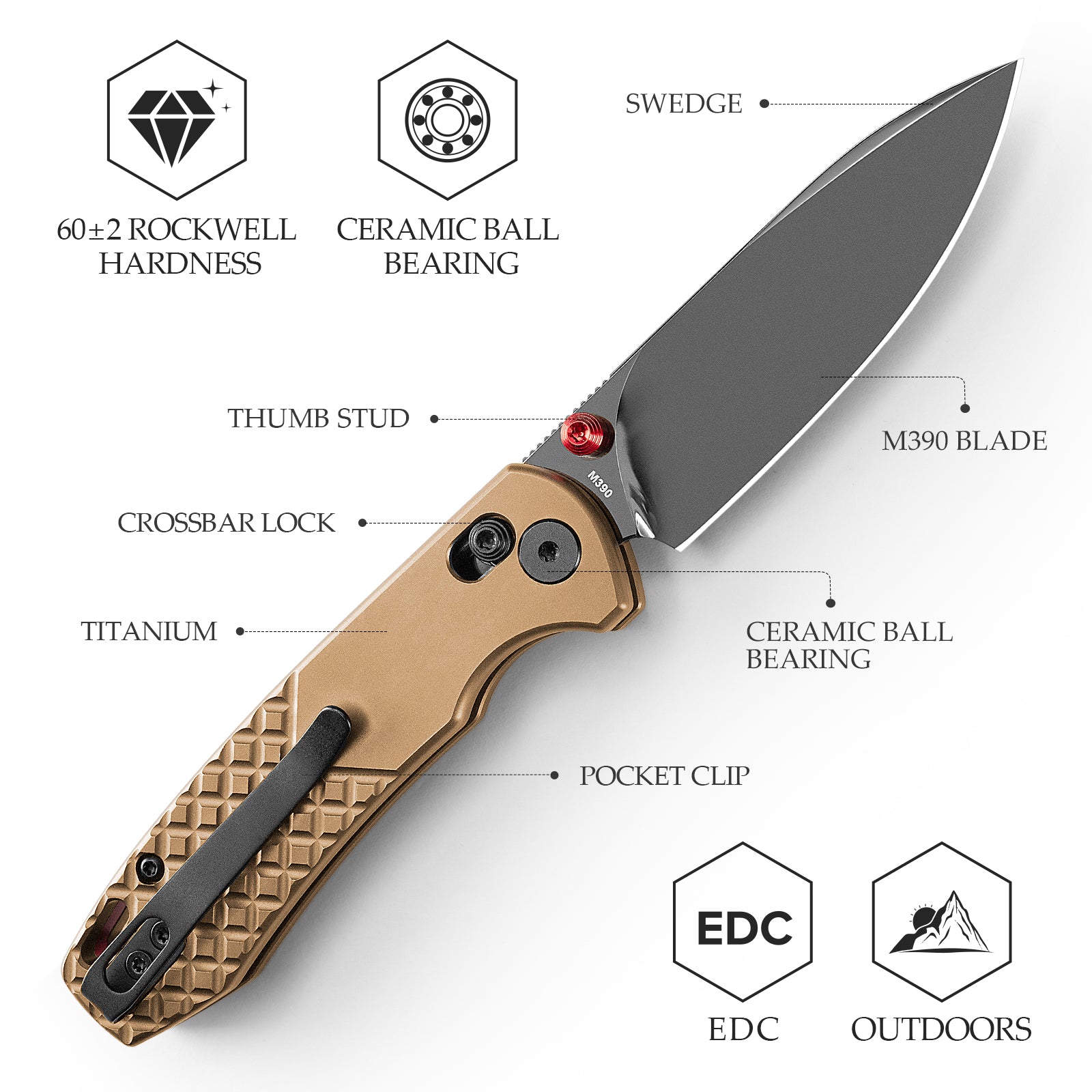 Dragonfly-DM Crossbar Lock EDC Folding Pocket Knife, 2.99'' M390 Steel Blade, Titanium Handle