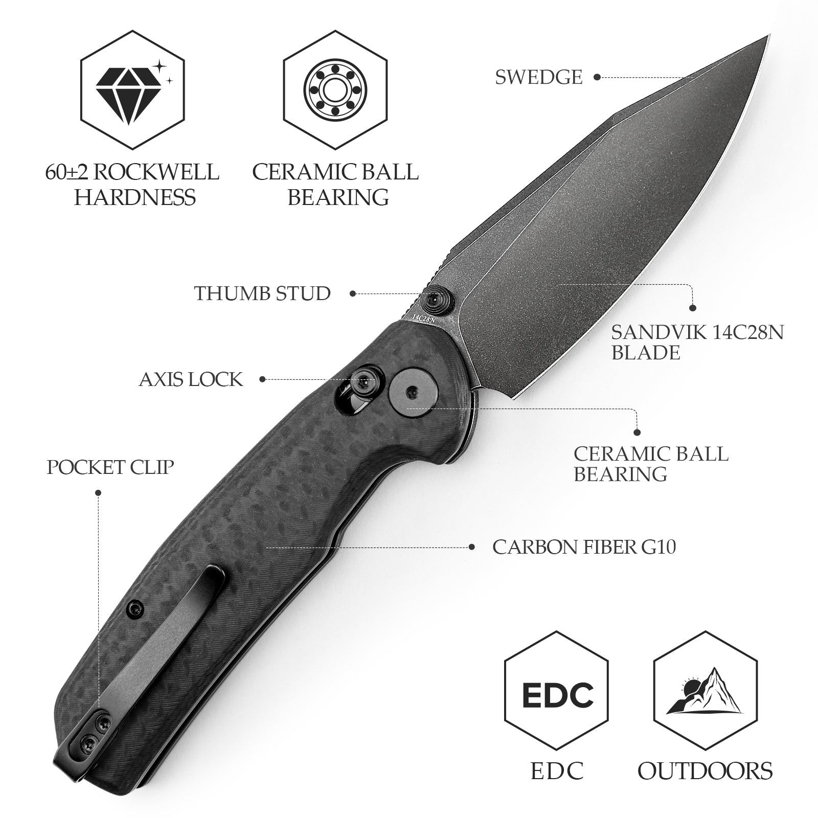 Складаний кишеньковий ніж Hornet-04G Axis Lock EDC, лезо 3,34 дюйма зі сталі 14C28N, ручка з мікарти