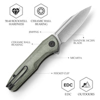 Antliae-04GM Button Lock Folding Pocket Knife,3.26" 14C28N Steel,Micarta Handle