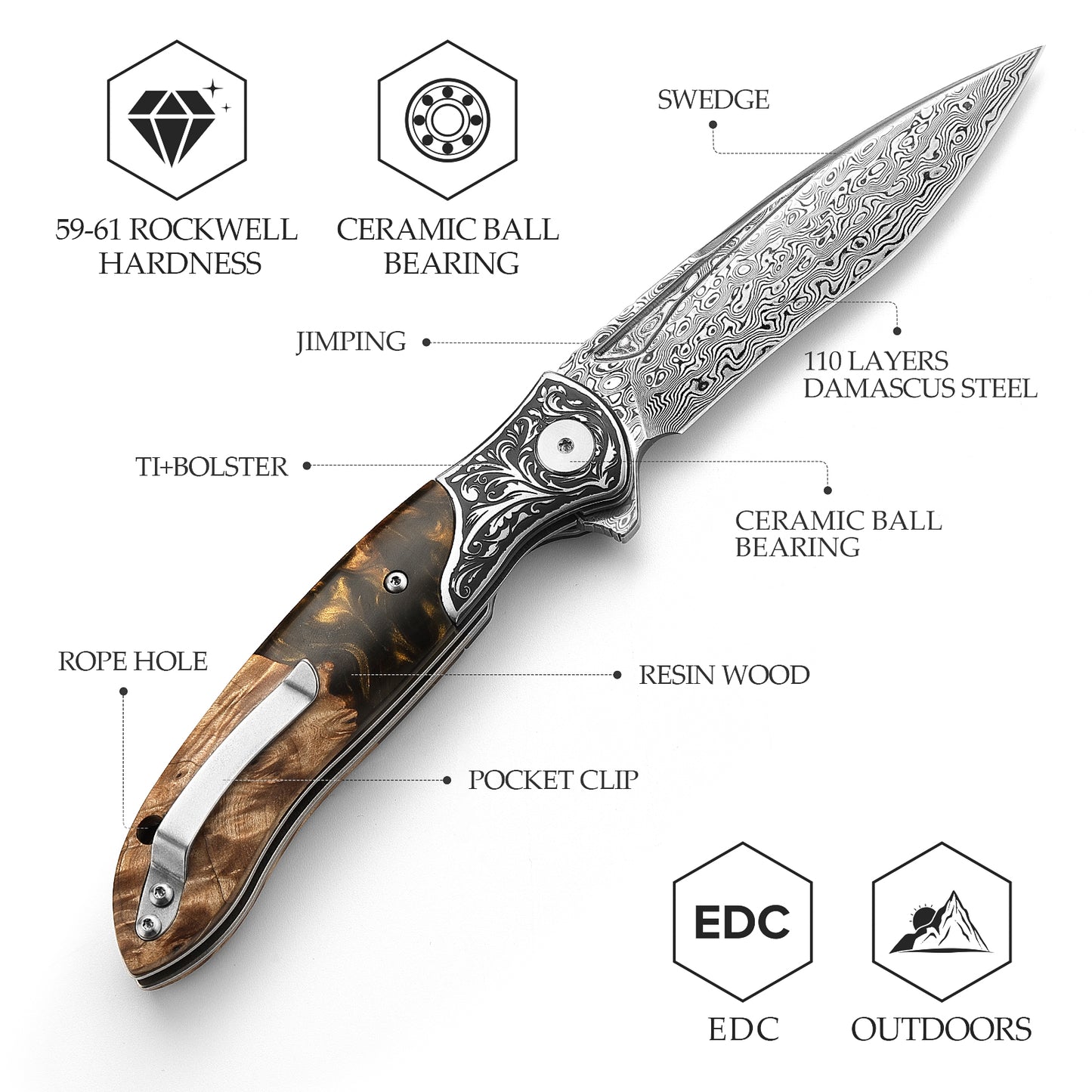 Virgo-07Y Handmade Folding Pocket Knife,3.62in 110 Layers Damascus Steel Blade,Resin & Wood Handle with Clip