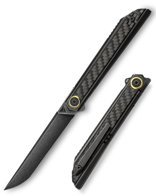 Cam-06BC Black Stonewash M390 Blade Integrated Titanium Handle with Carbon Fiber & Reversible Clip