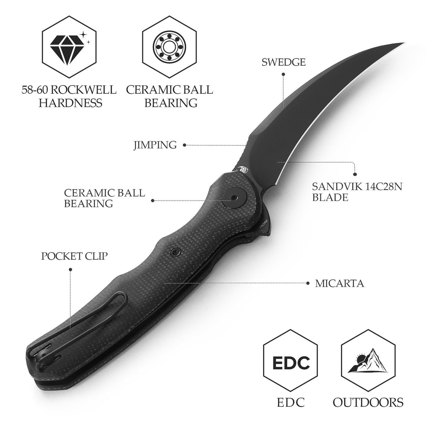 Lacerta-04B Liner Lock EDC Folding Pocket Knife 3.34'' 14C28N Steel Blade,Black Micarta Handle,Tiguass Design