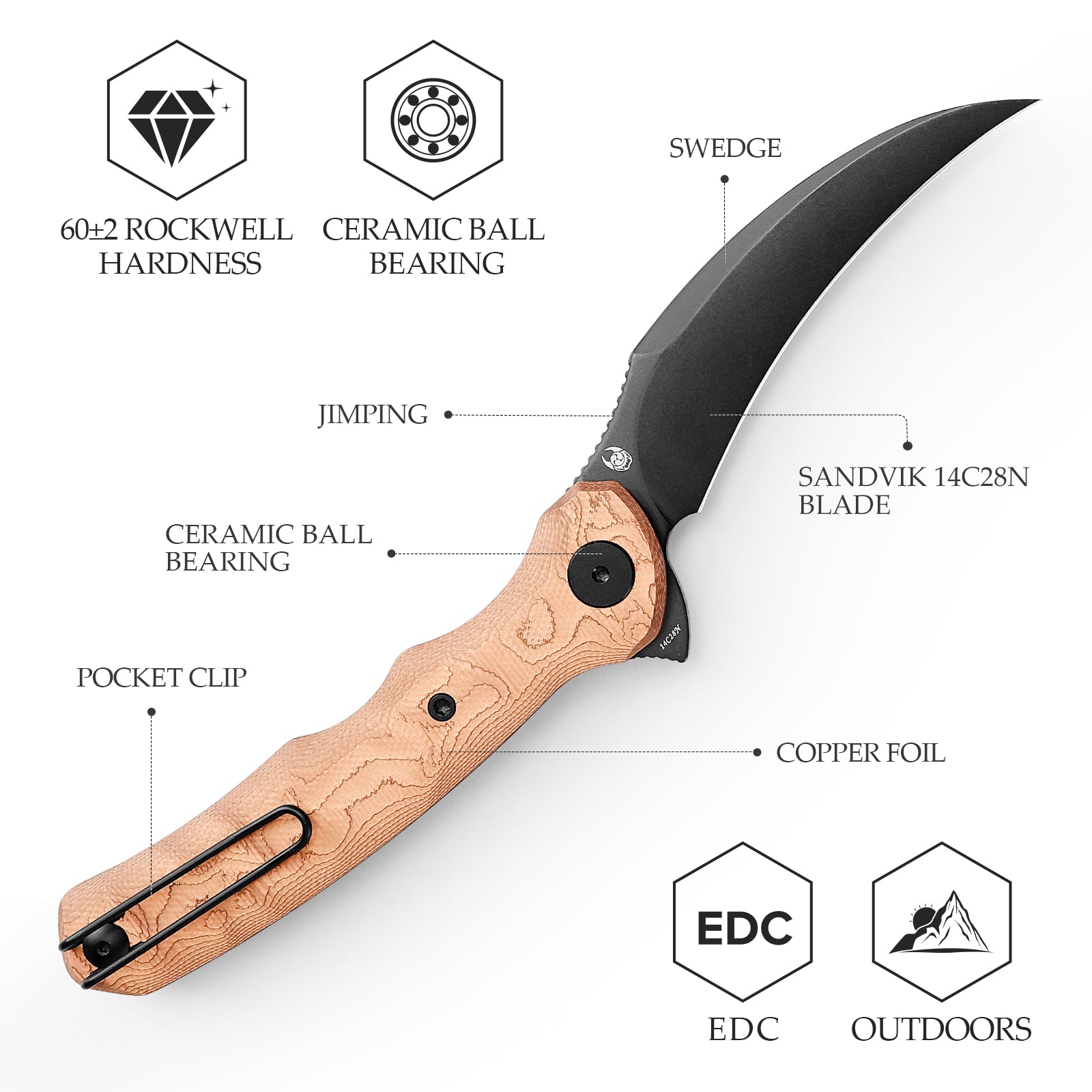 Lacerta-CU Liner Lock EDC Folding Pocket Knife 3.34'' 14C28N Steel Blade,Copper Foil Handle,Tiguass Design