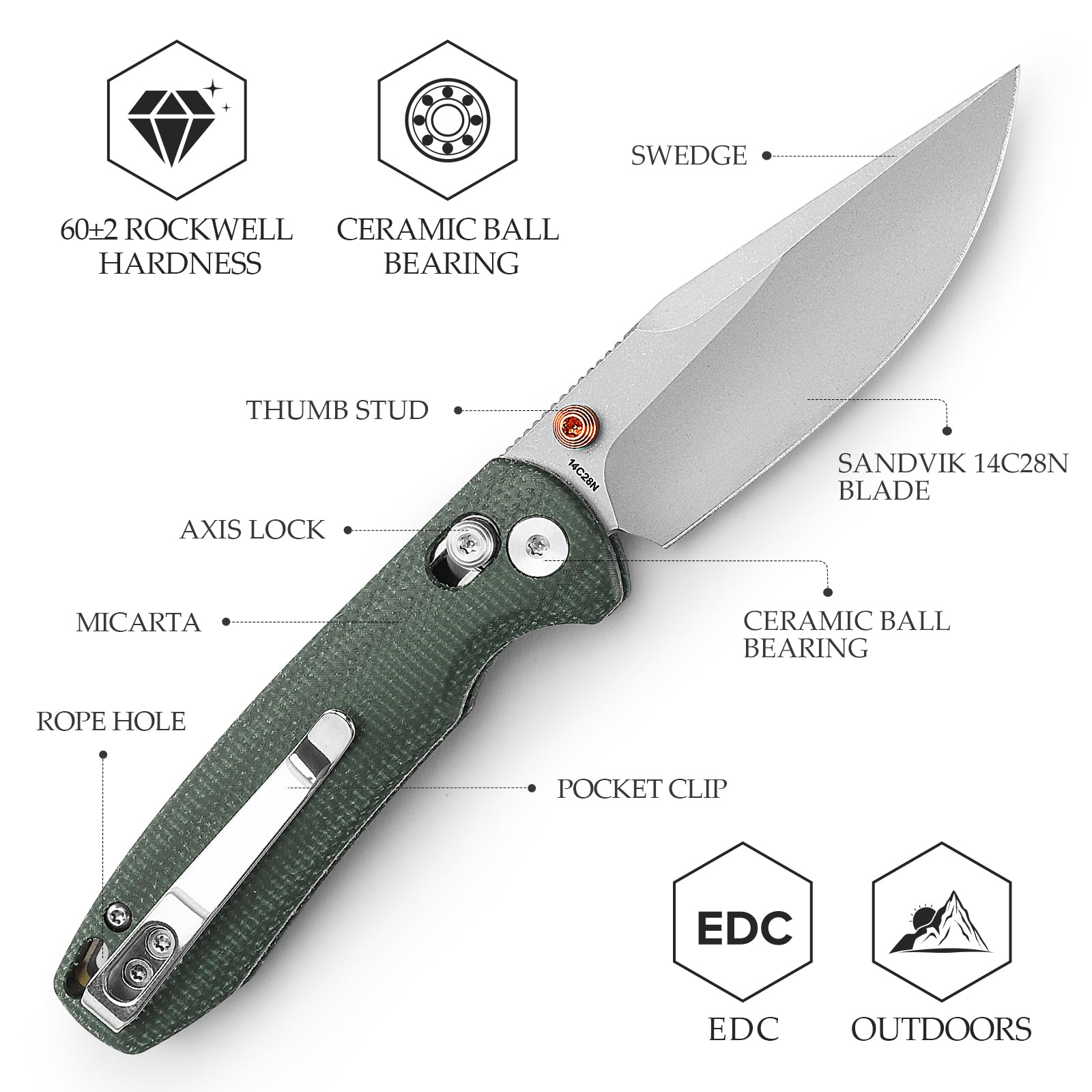 Butterfly-GM Crossbar Lock EDC Folding Pocket Knife,3.03'' 14C28N Steel Blade,Micarta Handle
