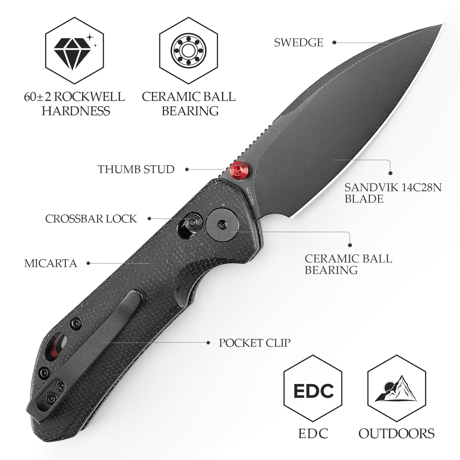 Складаний кишеньковий ніж Hornet-04G Axis Lock EDC, лезо 3,34 дюйма зі сталі 14C28N, ручка з мікарти
