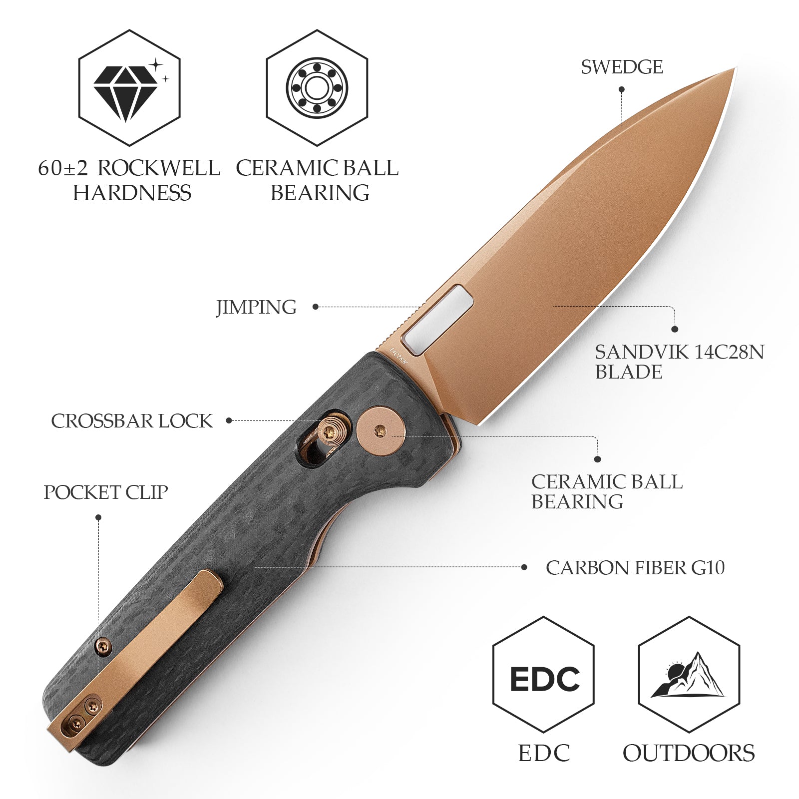 Sabretooth-CG Crossbar Lock Folding Pocket Knife,3.4'' 14C28N Steel Blade,  Carbon Fiber G10Micarta Handle