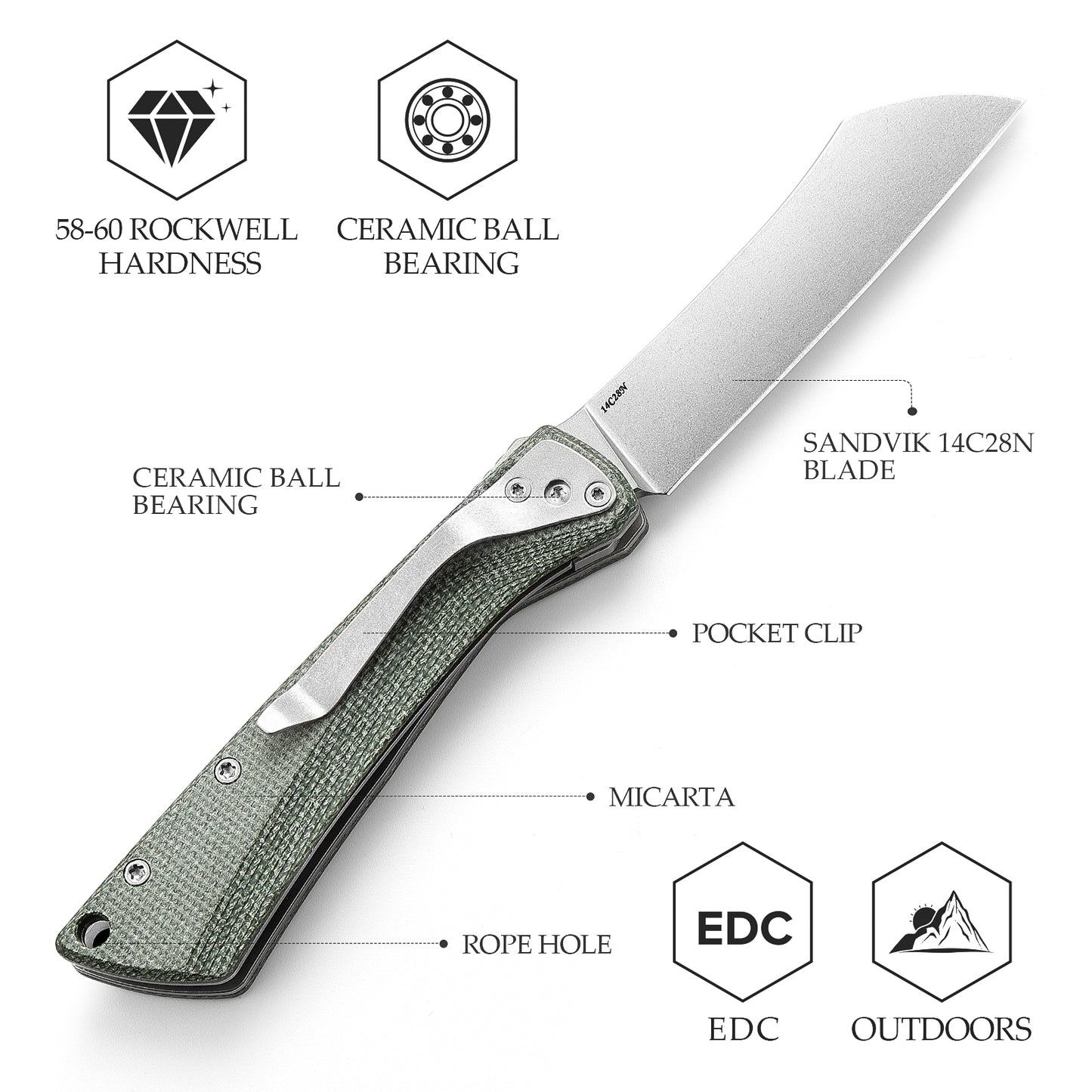 Norma-04G Higonokami Pocket Knife,3.3" 14C28N Steel,Micarta Handle