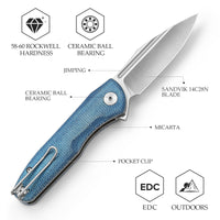 Antliae-04LMW Button Lock Folding Pocket Knife,3.26" 14C28N Steel,Micarta Handle