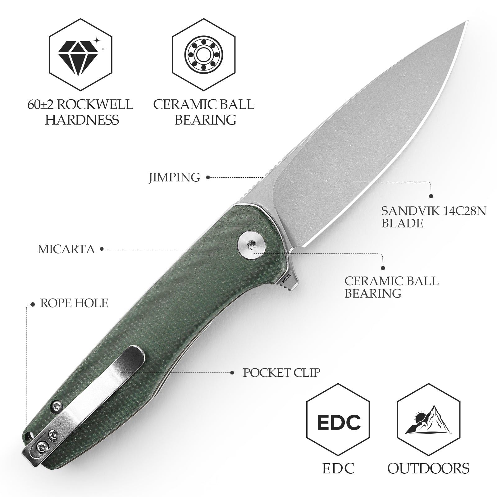 Lacerta-04B Liner Lock EDC Folding Pocket Knife 3.34'' 14C28N