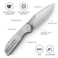 Gecko-P Liner Lock Folding Pocket Knife,Pearl and Satin Finished 3.4'' M390 Steel Blade,Titanium Handle