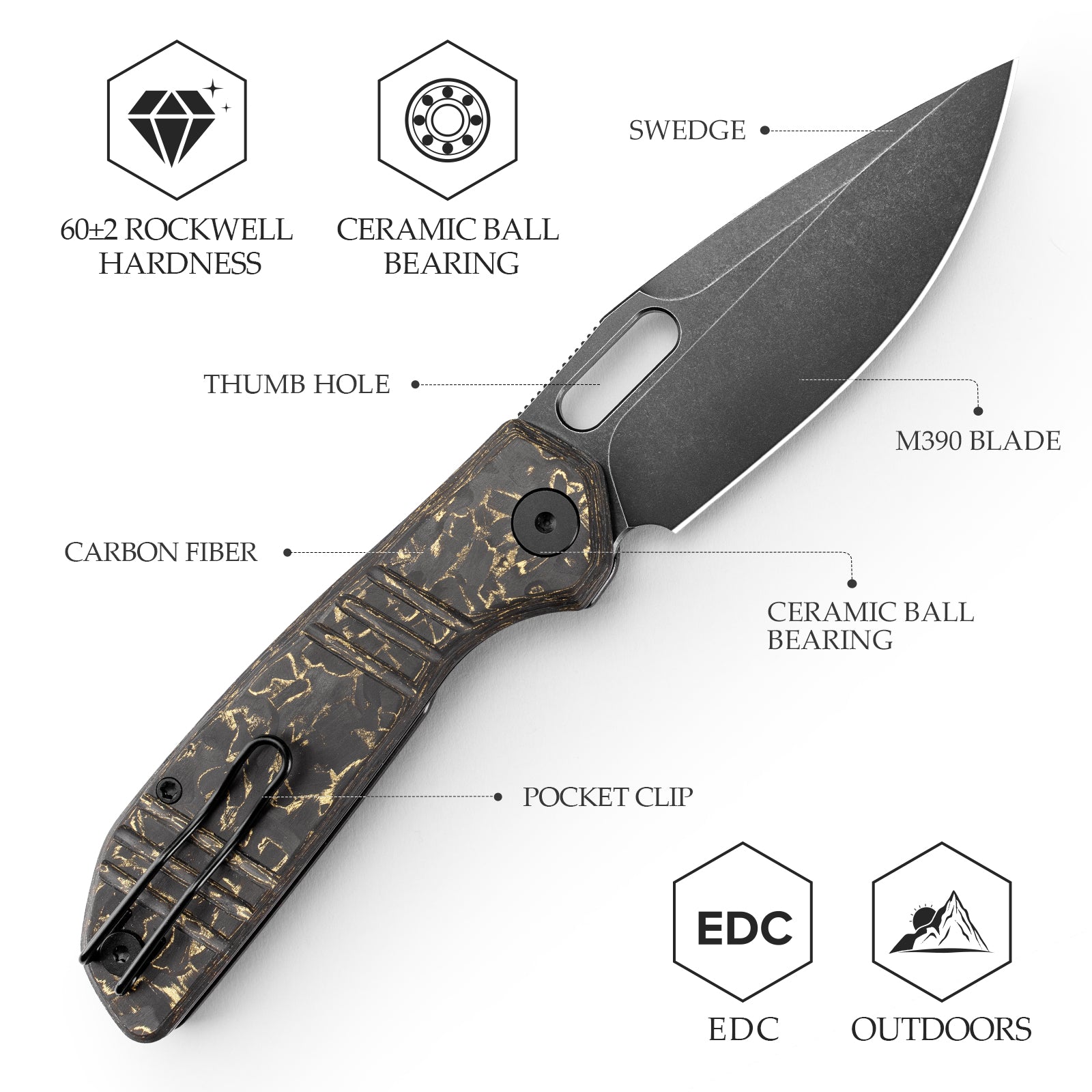 Gecko-YCB Liner Lock Folding Pocket Knife,3.4'' M390 Steel Blade,Ceramic Carbon Fiber Handle