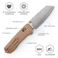 Scarab Ultra-SD Crossbar Lock EDC Folding Pocket Knife,2.99" ZDP-189 Damascus Steel Blade,Titanium Handle