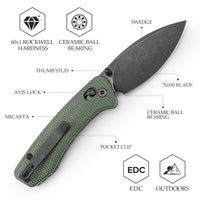 Koala-G Crossbar Lock EDC Folding Pocket Knife,2.56'' N690 Steel Blade, Micarta Handle, Green