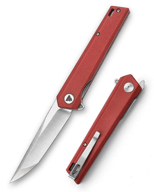 Equ-04R Flipper & Front Flipper Liner Lock,3.58" 10Cr15CoMoV Steel Red Satin & Stonewash Blade,Micarta Handle