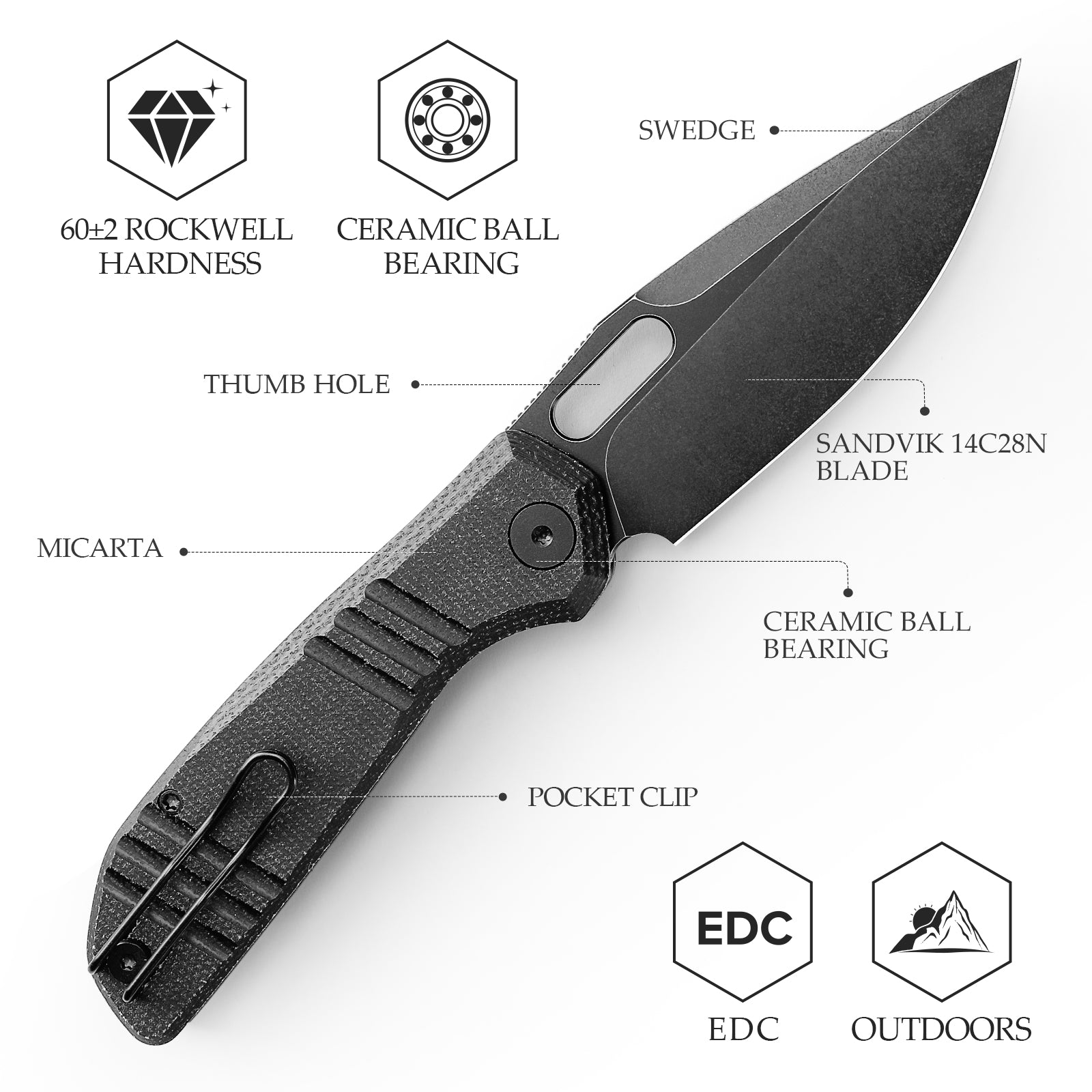 Gecko-BM Liner Lock EDC Folding Pocket Knife,3.4'' 14C28N Steel