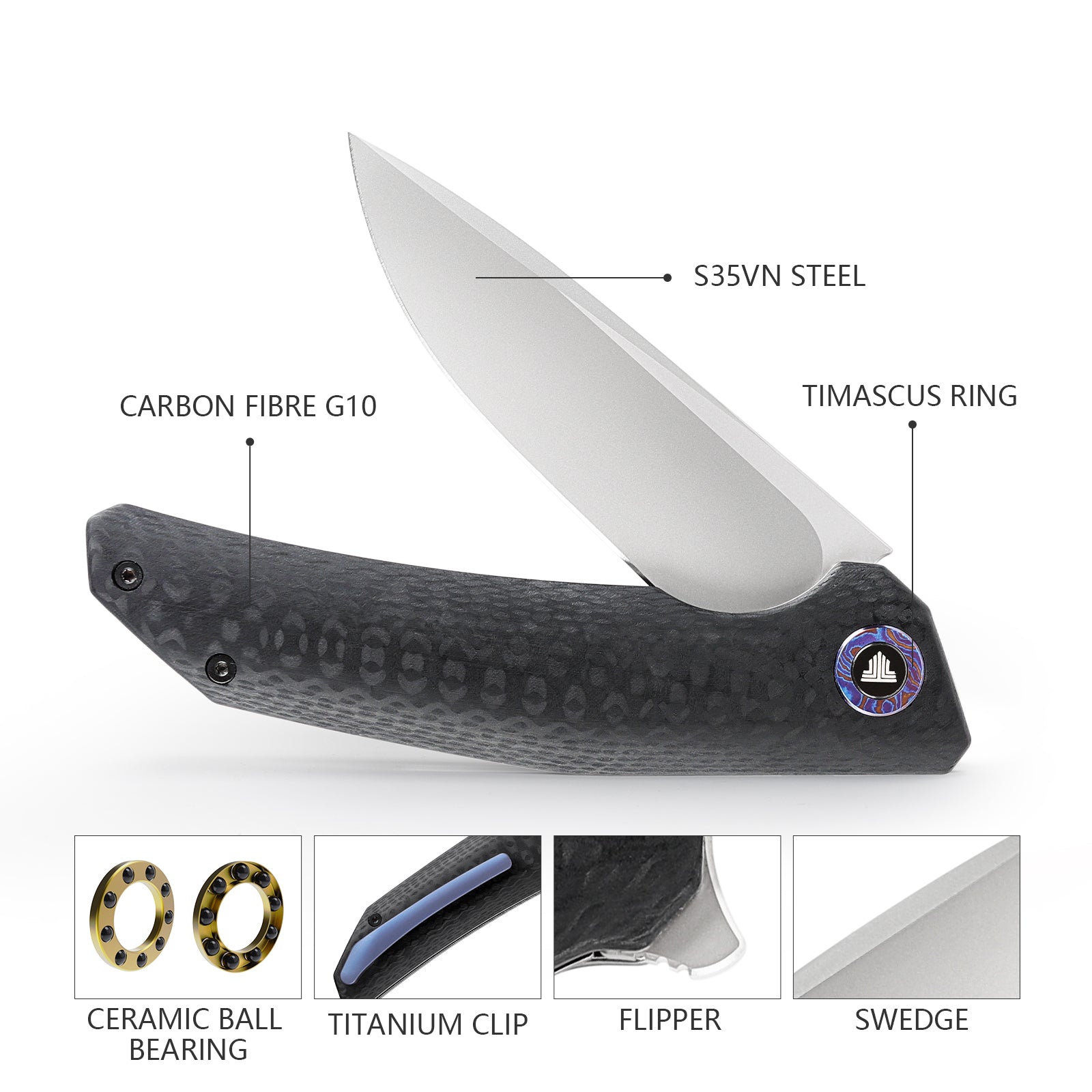 Phoenix-03B Liner Lock Pocket Folding Knfe,3.7'' S35VN Steel Blade,Timascus Pivot Ring,Carbon Fiber G10 Handle