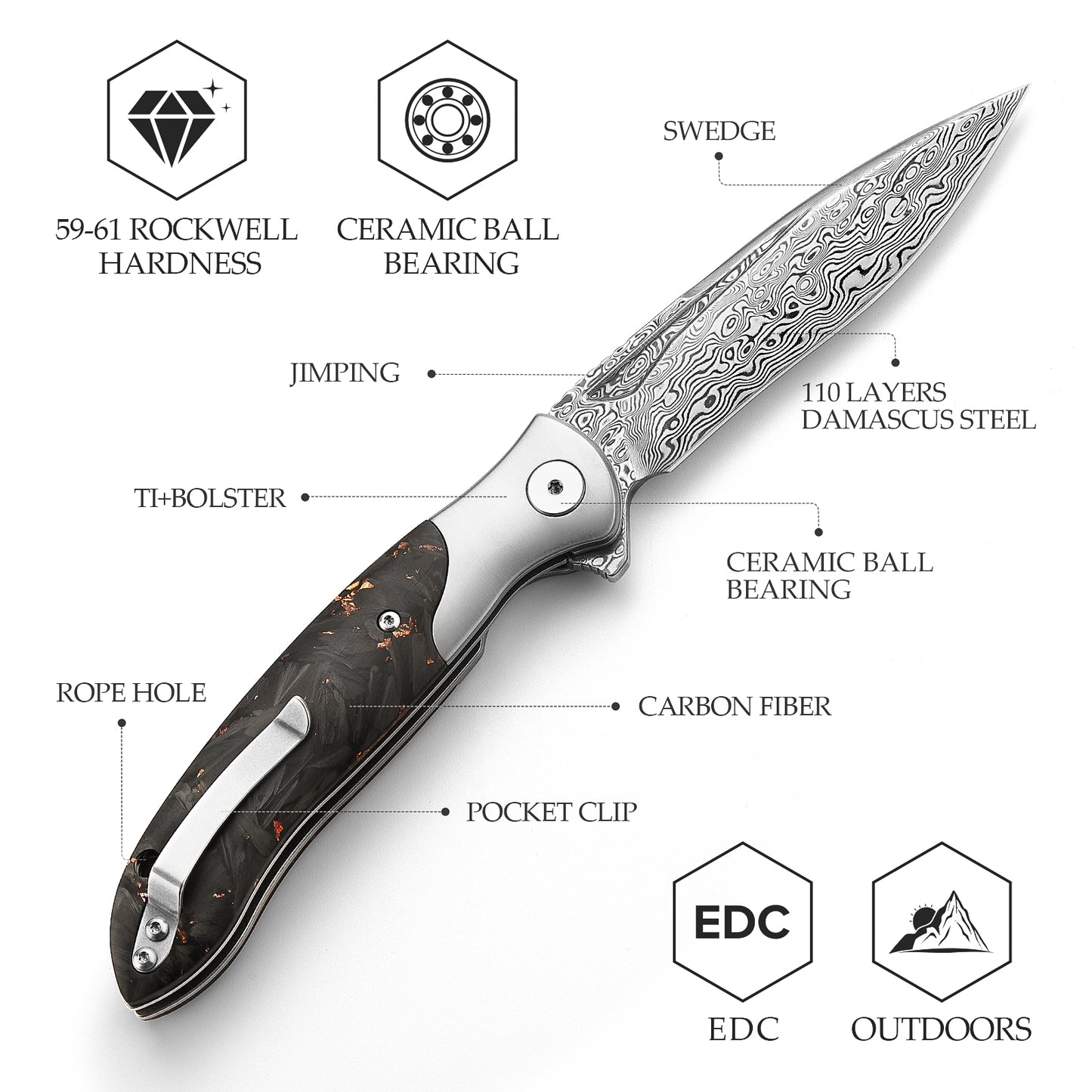 Virgo-05 Handmade Folding Pocket Knife,3.62in 110 Layers Damascus Steel Blade,Titanium bolster and Carbon Fiber Handle with Clip