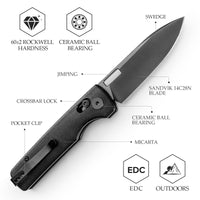 Sabretooth-BM Crossbar Lock Folding Pocket Knife,3.4'' 14C28N Steel Black Stonewashed Blade, Black Micarta Handle