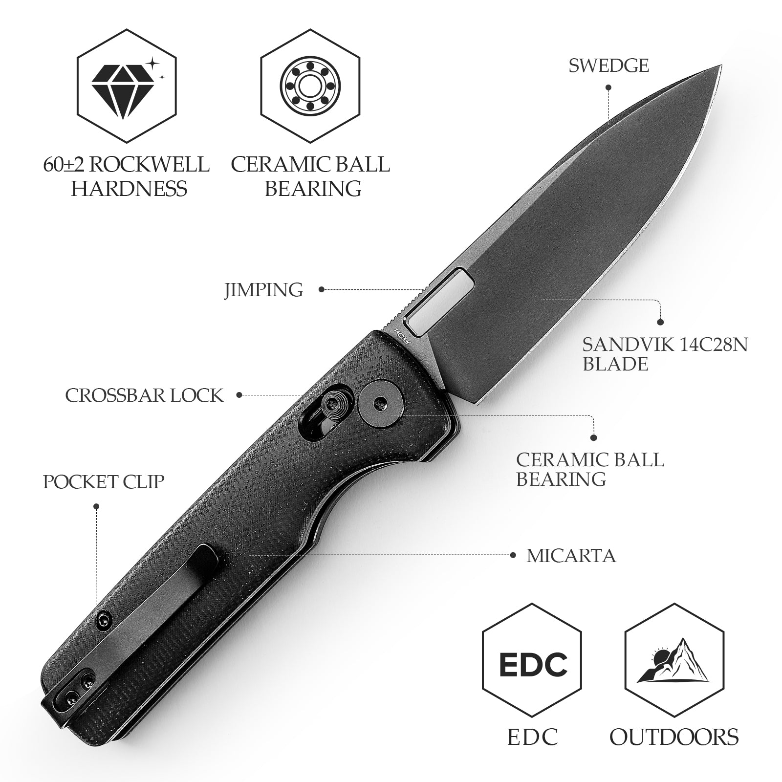 Sabretooth-BM Crossbar Lock Folding Pocket Knife,3.4'' 14C28N Steel Black Stonewashed Blade, Black Micarta Handle