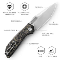 Gecko-YCP Liner Lock Folding Pocket Knife,Pearl and Satin Finished 3.4'' M390 Steel Blade,Ceramic Carbon Fiber Handle