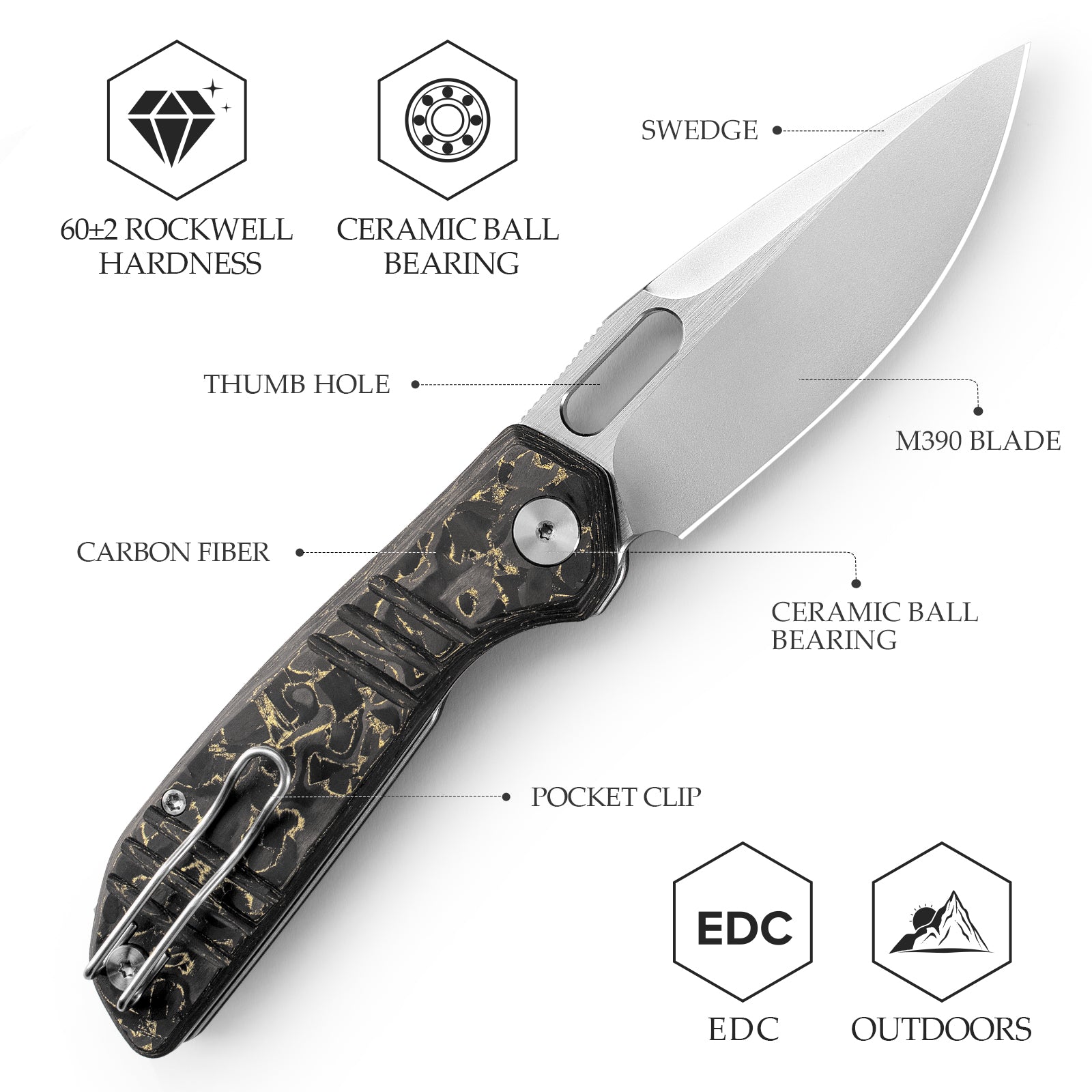 Gecko-YCP Liner Lock Folding Pocket Knife,Pearl and Satin Finished 3.4'' M390 Steel Blade,Ceramic Carbon Fiber Handle