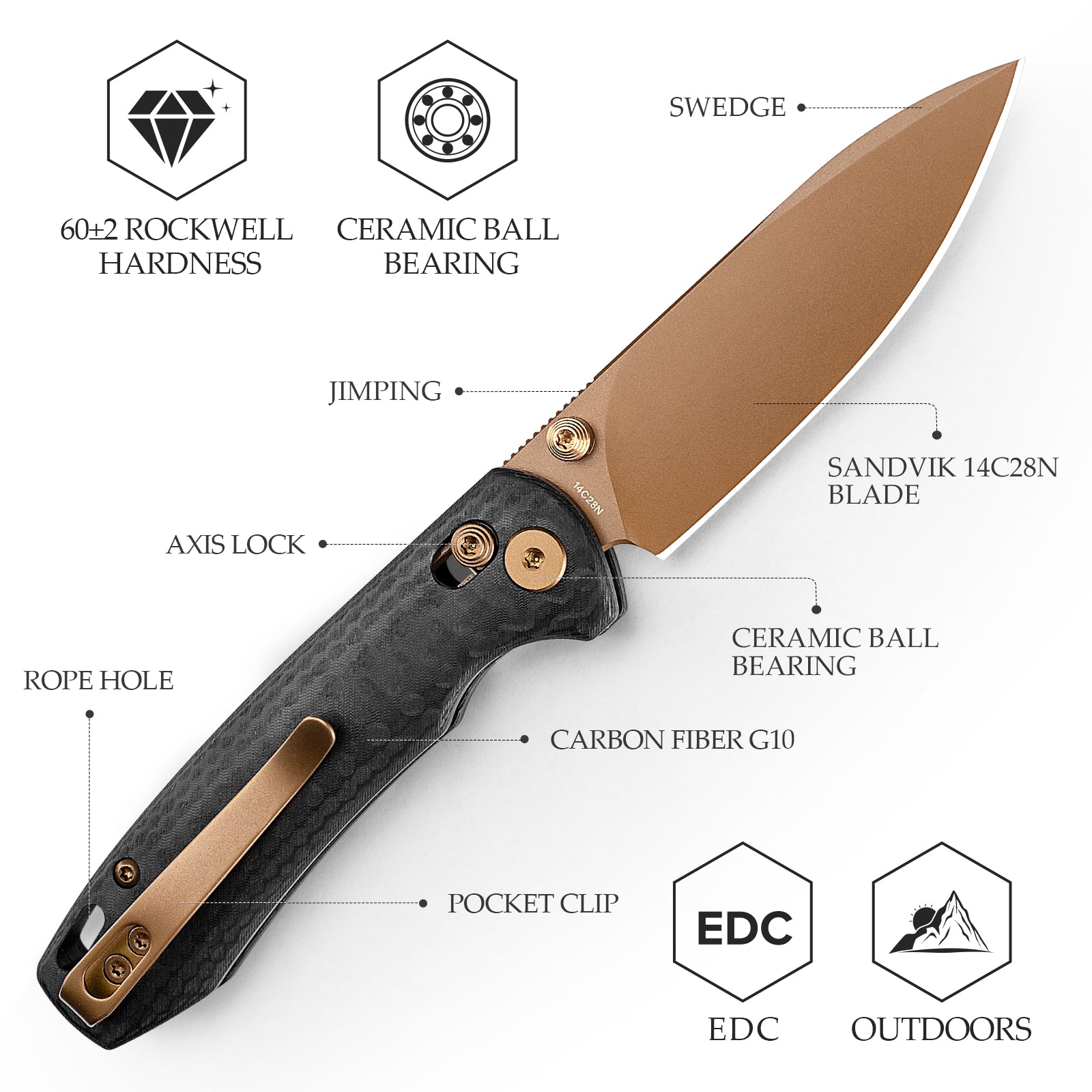 Dragonfly-CG Crossbar Lock EDC Folding Pocket Knife,2.99'' 14C28N Steel Blade,Carbon Fiber G10 Handle