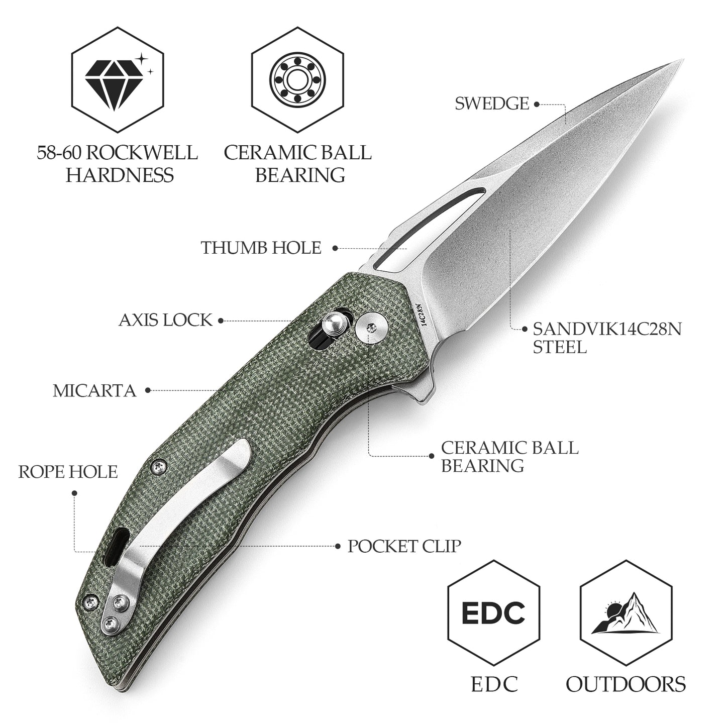 Vela-04G,Axis Lock Folding Pocket Knife,3.38" 14C28N Steel,Green Micarta Handle