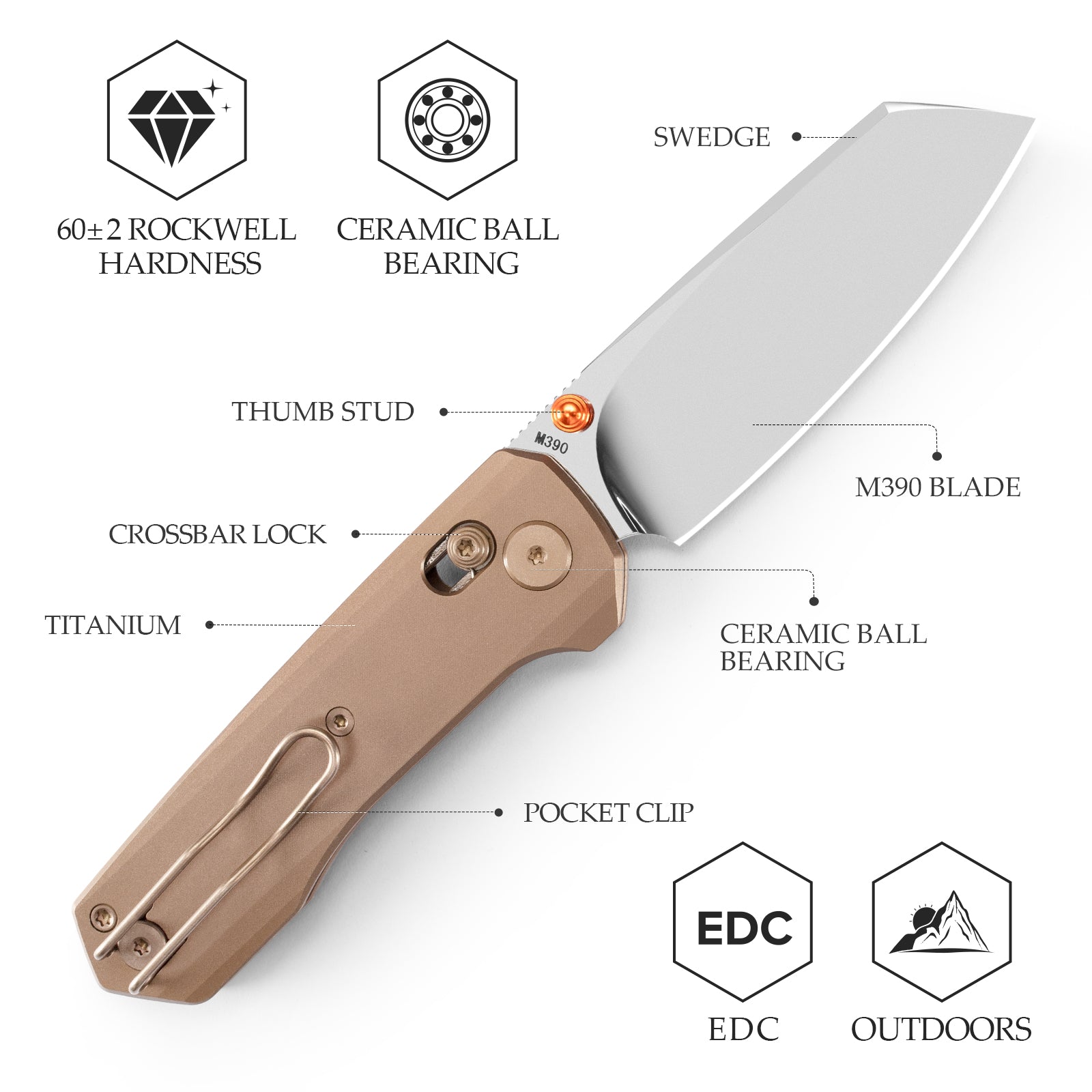 Scarab-M Crossbar Lock EDC Folding Pocket Knife,2.99" M390 Steel Blade,Titanium Handle