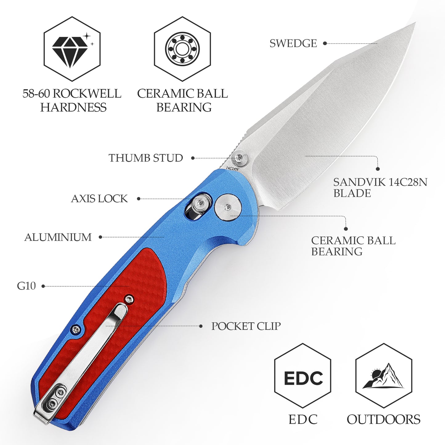 Hornet-08L Axis Lock EDC Folding Pocket Knife,3.34" 14C28N Steel Blade,Aluminium Handle