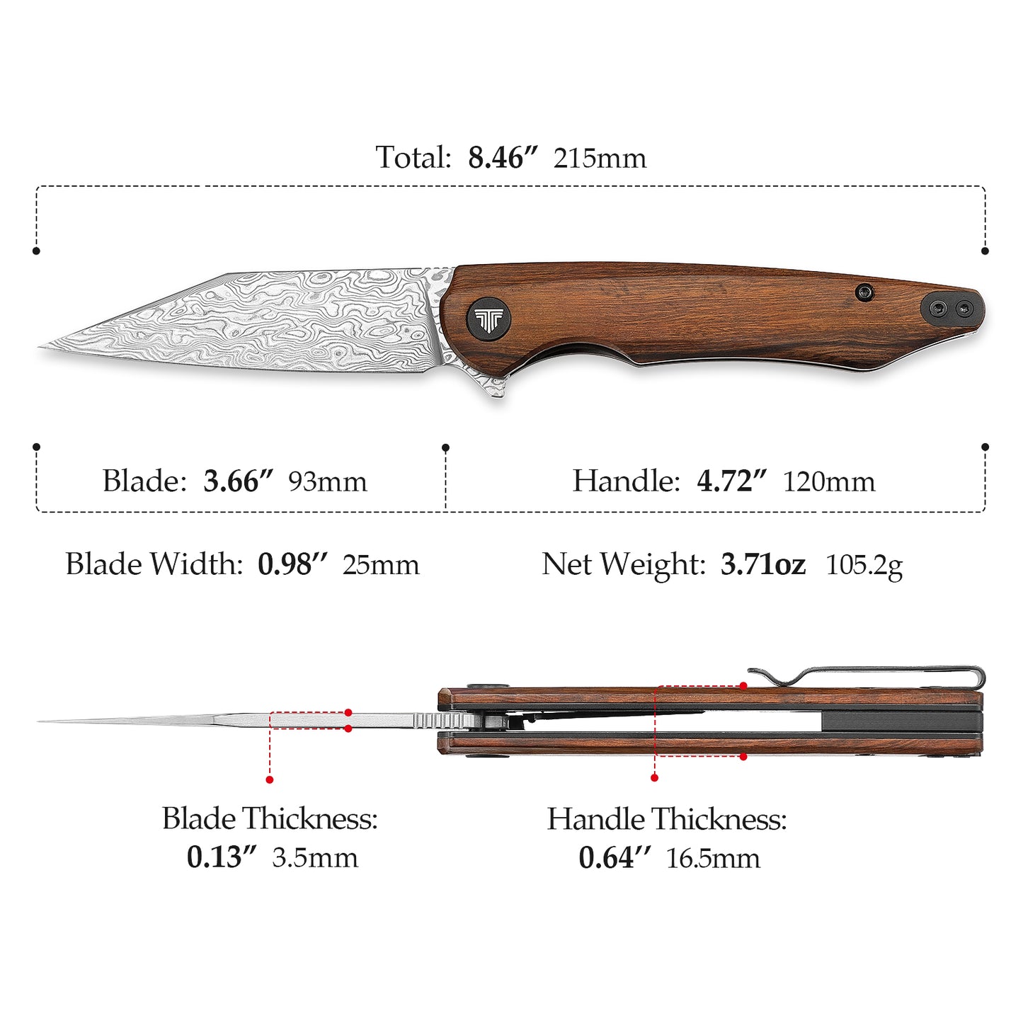 Lynx-01 Liner Lock,3.66" 110 Layers Damascus Steel,Ironwood Handle with Reversible Clip