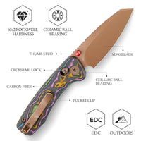 Sloth Ultra-PL Crossbar Lock EDC Folding Pocket Knfe,2.54" M390 Steel Blade, Copper Carbon Fiber Handle