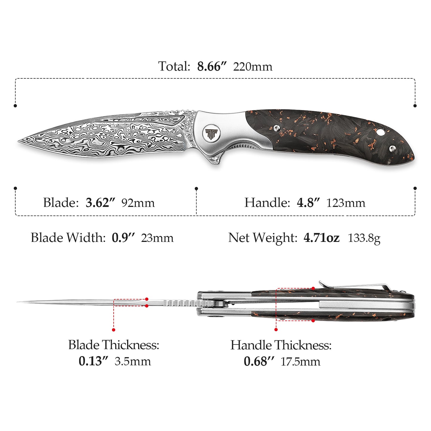 Virgo-05 Handmade Folding Pocket Knife,3.62in 110 Layers Damascus Steel Blade,Titanium bolster and Carbon Fiber Handle with Clip