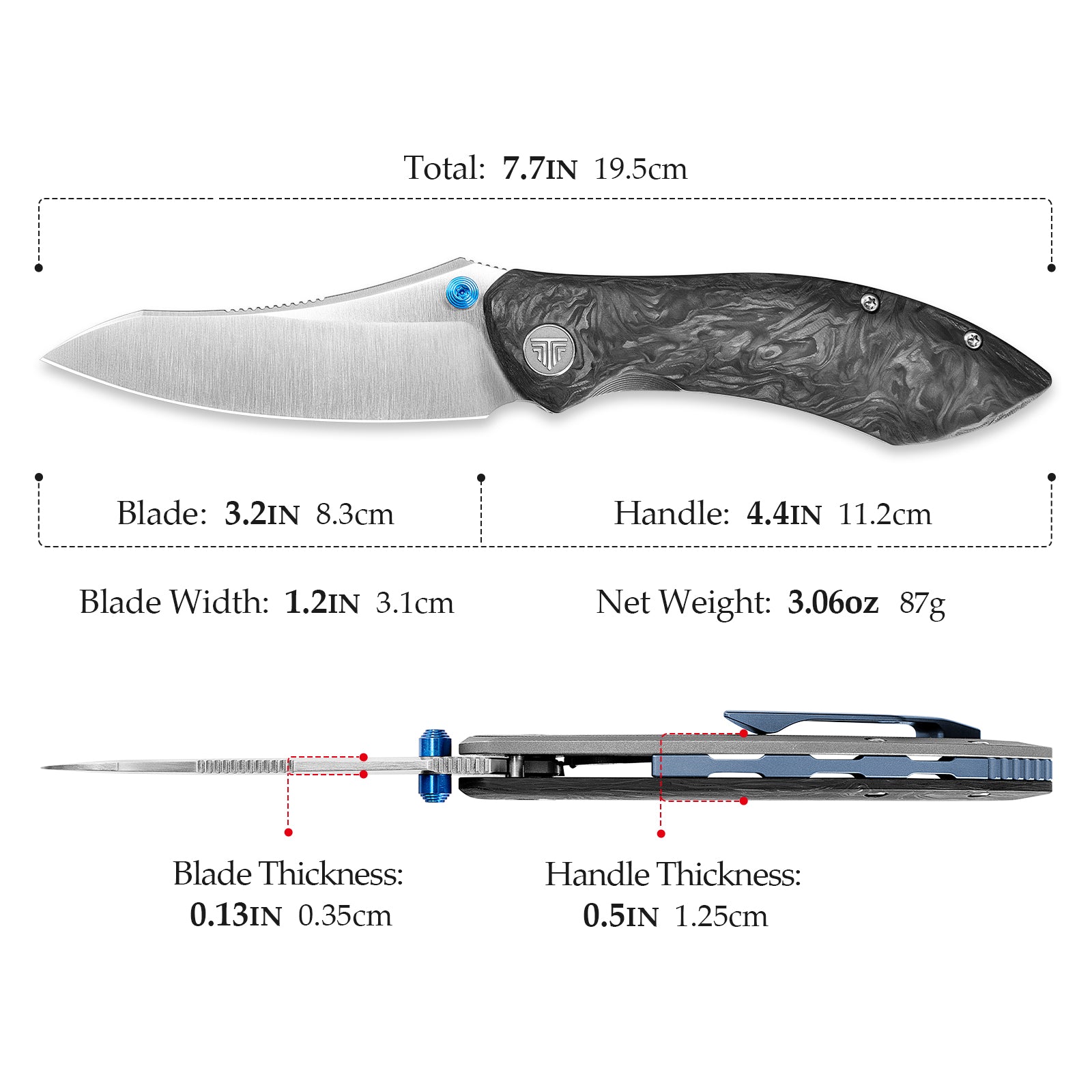 Rhino-W Frame Lock EDC Folding Pocket Knife, 3.2'' M390 Steel Blade, Carbon Fiber Titanium Handle