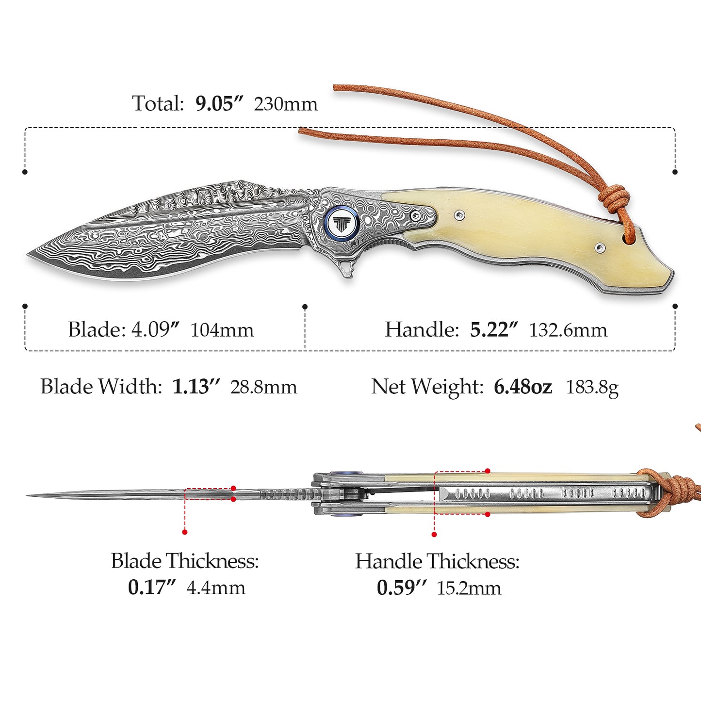 Lepus-02 Liner Lock，4.09'' 67 Layesrs Damascus Steel Blade，Damascus Bolster & Bone Handle