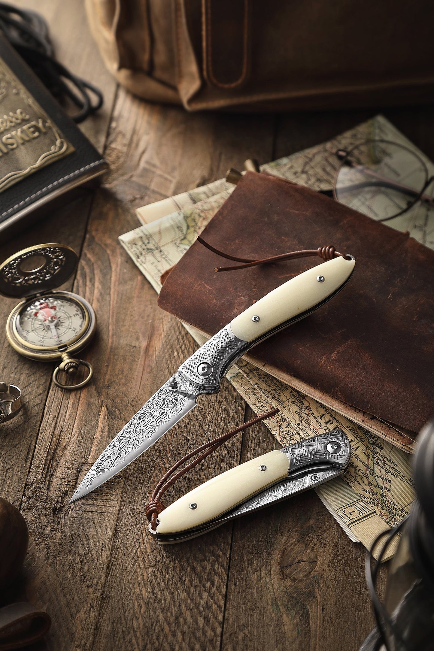 Piscis Austrinus-02W Handmade Pocket Knife with Leather Sheath,3.15in 67 Layers Damascus Steel Blade,Bone Handle