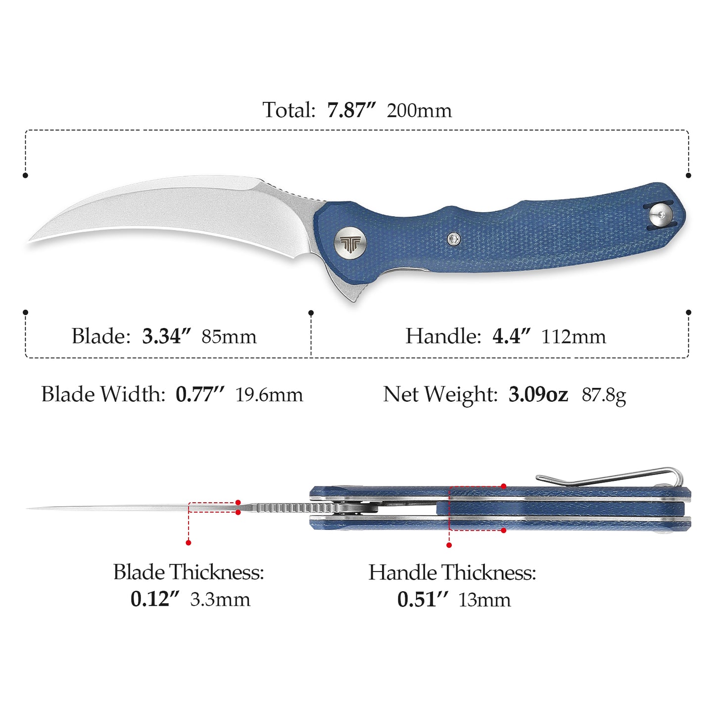 Lacerta-04L Liner Lock EDC Folding Pocket Knife 3.34'' 14C28N Steel Blade,Blue Micarta Handle,Tiguass Design