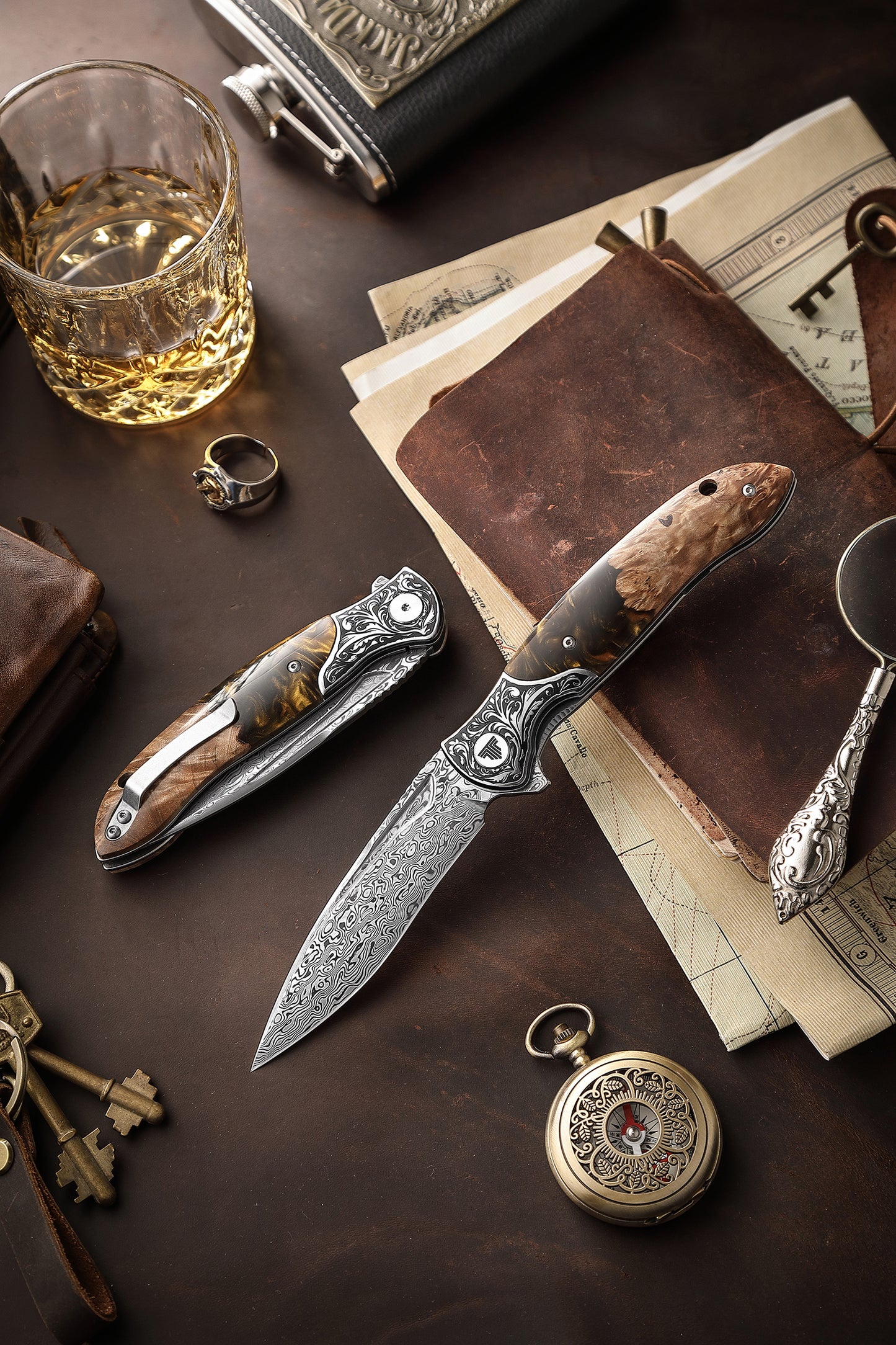 Virgo-07Y Handmade Folding Pocket Knife,3.62in 110 Layers Damascus Steel Blade,Resin & Wood Handle with Clip