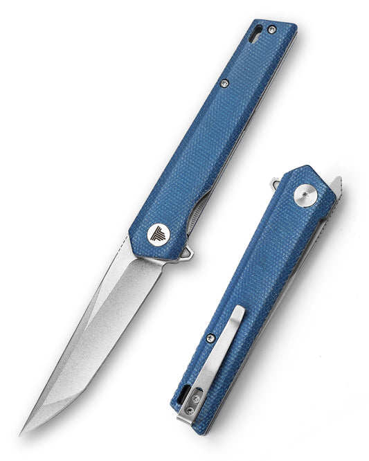 Equ-04L Flipper & Front Flipper Liner Lock,3.58" 10Cr15CoMoV Steel Stonewashed Blade,Blue  Micarta Handle