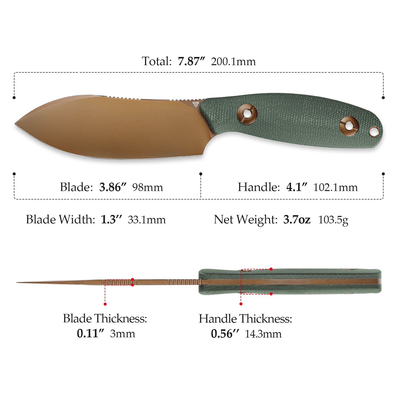 Eggplant-GM Full-tang Straight Fixed Blade Knife, 3.86‘’ 14C28N Steel Rose Gold Blade, Green Micarta Handle