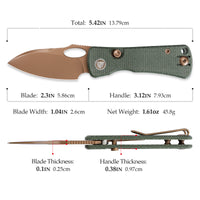 Andromeda-GM Button Liner Lock EDC Folding Knfe,2.3" 14C28N Steel Blade,Micarta Handle